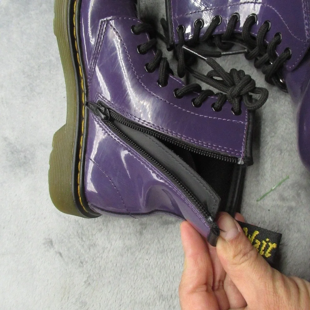 Dr Martens Boots Youth 2 Purple Leather Combat Side Zip CHunky Glossy Waterproof